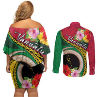 Vanuatu Tribal Boar Tusk Couples Matching Off Shoulder Short Dress and Long Sleeve Button Shirt Tropical Plants with Namele and Melanesian Pattern LT03 - Polynesian Pride