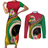 Vanuatu Tribal Boar Tusk Couples Matching Short Sleeve Bodycon Dress and Long Sleeve Button Shirt Tropical Plants with Namele and Melanesian Pattern LT03 Red - Polynesian Pride