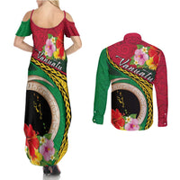 Vanuatu Tribal Boar Tusk Couples Matching Summer Maxi Dress and Long Sleeve Button Shirt Tropical Plants with Namele and Melanesian Pattern LT03 - Polynesian Pride