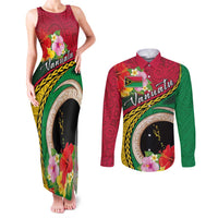 Vanuatu Tribal Boar Tusk Couples Matching Tank Maxi Dress and Long Sleeve Button Shirt Tropical Plants with Namele and Melanesian Pattern LT03 Red - Polynesian Pride