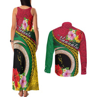 Vanuatu Tribal Boar Tusk Couples Matching Tank Maxi Dress and Long Sleeve Button Shirt Tropical Plants with Namele and Melanesian Pattern LT03 - Polynesian Pride
