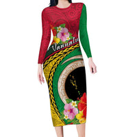 Vanuatu Tribal Boar Tusk Family Matching Long Sleeve Bodycon Dress and Hawaiian Shirt Tropical Plants with Namele and Melanesian Pattern LT03 Mom's Dress Red - Polynesian Pride