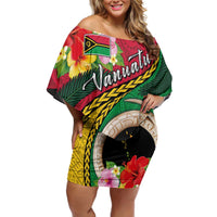 Vanuatu Tribal Boar Tusk Family Matching Off Shoulder Short Dress and Hawaiian Shirt Tropical Plants with Namele and Melanesian Pattern LT03 Mom's Dress Red - Polynesian Pride