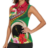 Vanuatu Tribal Boar Tusk Women Sleeveless Polo Shirt Tropical Plants with Namele and Melanesian Pattern LT03 - Polynesian Pride