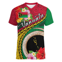 Vanuatu Tribal Boar Tusk Women V-Neck T-Shirt Tropical Plants with Namele and Melanesian Pattern LT03 Female Red - Polynesian Pride