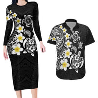 Hawaiian Plumeria Turtles Couples Matching Long Sleeve Bodycon Dress and Hawaiian Shirt Polynesian Art Tattoo