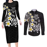 Hawaiian Plumeria Turtles Couples Matching Long Sleeve Bodycon Dress and Long Sleeve Button Shirt Polynesian Art Tattoo