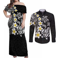 Hawaiian Plumeria Turtles Couples Matching Off Shoulder Maxi Dress and Long Sleeve Button Shirt Polynesian Art Tattoo