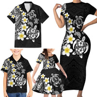 Hawaiian Plumeria Turtles Family Matching Short Sleeve Bodycon Dress and Hawaiian Shirt Polynesian Art Tattoo
