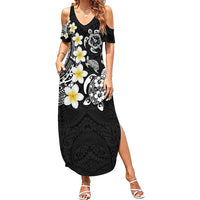 Hawaiian Plumeria Turtles Family Matching Summer Maxi Dress and Hawaiian Shirt Polynesian Art Tattoo LT03 Mom's Dress Black - Polynesian Pride