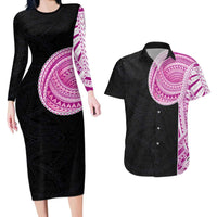 Samoan Art Tattoo Polynesian Pattern Couples Matching Long Sleeve Bodycon Dress and Hawaiian Shirt Pink Out Color LT03 Black - Polynesian Pride