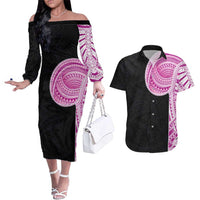 Samoan Art Tattoo Polynesian Pattern Couples Matching Off The Shoulder Long Sleeve Dress and Hawaiian Shirt Pink Out Color LT03 Black - Polynesian Pride