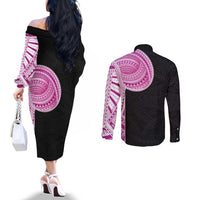 Samoan Art Tattoo Polynesian Pattern Couples Matching Off The Shoulder Long Sleeve Dress and Long Sleeve Button Shirt Pink Out Color LT03 - Polynesian Pride