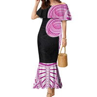 Samoan Art Tattoo Polynesian Pattern Family Matching Mermaid Dress and Hawaiian Shirt Pink Out Color LT03 Mom's Dress Black - Polynesian Pride
