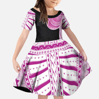 Samoan Art Tattoo Polynesian Pattern Family Matching Off Shoulder Maxi Dress and Hawaiian Shirt Pink Out Color LT03 Daughter's Dress Black - Polynesian Pride