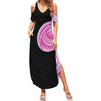 Samoan Art Tattoo Polynesian Pattern Family Matching Summer Maxi Dress and Hawaiian Shirt Pink Out Color LT03 Mom's Dress Black - Polynesian Pride