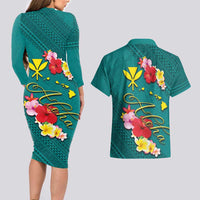 Aloha Kanaka Maoli Hawaii Flowers Couples Matching Long Sleeve Bodycon Dress and Hawaiian Shirt With Polynesian Pattern Teal Color LT03 - Polynesian Pride