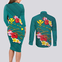 Aloha Kanaka Maoli Hawaii Flowers Couples Matching Long Sleeve Bodycon Dress and Long Sleeve Button Shirt With Polynesian Pattern Teal Color LT03 - Polynesian Pride