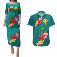 Aloha Kanaka Maoli Hawaii Flowers Couples Matching Puletasi and Hawaiian Shirt With Polynesian Pattern Teal Color LT03 Teal - Polynesian Pride