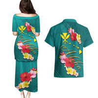 Aloha Kanaka Maoli Hawaii Flowers Couples Matching Puletasi and Hawaiian Shirt With Polynesian Pattern Teal Color LT03 - Polynesian Pride