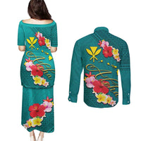 Aloha Kanaka Maoli Hawaii Flowers Couples Matching Puletasi and Long Sleeve Button Shirt With Polynesian Pattern Teal Color LT03 - Polynesian Pride