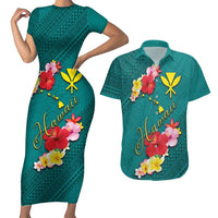 Aloha Kanaka Maoli Hawaii Flowers Couples Matching Short Sleeve Bodycon Dress and Hawaiian Shirt With Polynesian Pattern Teal Color LT03 Teal - Polynesian Pride