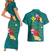 Aloha Kanaka Maoli Hawaii Flowers Couples Matching Short Sleeve Bodycon Dress and Hawaiian Shirt With Polynesian Pattern Teal Color LT03 - Polynesian Pride