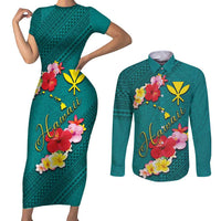 Aloha Kanaka Maoli Hawaii Flowers Couples Matching Short Sleeve Bodycon Dress and Long Sleeve Button Shirt With Polynesian Pattern Teal Color LT03 Teal - Polynesian Pride