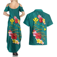 Aloha Kanaka Maoli Hawaii Flowers Couples Matching Summer Maxi Dress and Hawaiian Shirt With Polynesian Pattern Teal Color LT03 - Polynesian Pride