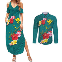 Aloha Kanaka Maoli Hawaii Flowers Couples Matching Summer Maxi Dress and Long Sleeve Button Shirt With Polynesian Pattern Teal Color LT03 Teal - Polynesian Pride