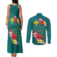Aloha Kanaka Maoli Hawaii Flowers Couples Matching Tank Maxi Dress and Long Sleeve Button Shirt With Polynesian Pattern Teal Color LT03 - Polynesian Pride