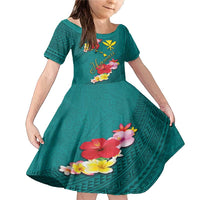Aloha Kanaka Maoli Hawaii Flowers Family Matching Mermaid Dress and Hawaiian Shirt With Polynesian Pattern Teal Color LT03 Daughter's Dress Teal - Polynesian Pride