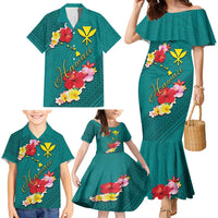 Aloha Kanaka Maoli Hawaii Flowers Family Matching Mermaid Dress and Hawaiian Shirt With Polynesian Pattern Teal Color LT03 - Polynesian Pride