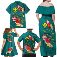 Aloha Kanaka Maoli Hawaii Flowers Family Matching Off Shoulder Maxi Dress and Hawaiian Shirt With Polynesian Pattern Teal Color LT03 - Polynesian Pride