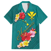 Aloha Kanaka Maoli Hawaii Flowers Family Matching Off Shoulder Maxi Dress and Hawaiian Shirt With Polynesian Pattern Teal Color LT03 Dad's Shirt - Short Sleeve Teal - Polynesian Pride