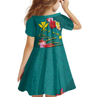 Aloha Kanaka Maoli Hawaii Flowers Family Matching Off Shoulder Short Dress and Hawaiian Shirt With Polynesian Pattern Teal Color LT03 - Polynesian Pride