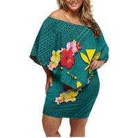 Aloha Kanaka Maoli Hawaii Flowers Family Matching Off Shoulder Short Dress and Hawaiian Shirt With Polynesian Pattern Teal Color LT03 Mom's Dress Teal - Polynesian Pride