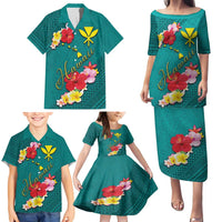Aloha Kanaka Maoli Hawaii Flowers Family Matching Puletasi and Hawaiian Shirt With Polynesian Pattern Teal Color LT03 - Polynesian Pride
