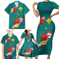Aloha Kanaka Maoli Hawaii Flowers Family Matching Short Sleeve Bodycon Dress and Hawaiian Shirt With Polynesian Pattern Teal Color LT03 - Polynesian Pride