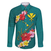 Aloha Kanaka Maoli Hawaii Flowers Family Matching Short Sleeve Bodycon Dress and Hawaiian Shirt With Polynesian Pattern Teal Color LT03 Dad's Shirt - Long Sleeve Teal - Polynesian Pride