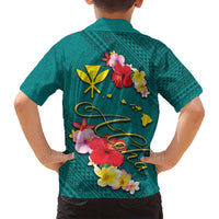 Aloha Kanaka Maoli Hawaii Flowers Family Matching Tank Maxi Dress and Hawaiian Shirt With Polynesian Pattern Teal Color LT03 - Polynesian Pride