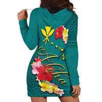 Aloha Kanaka Maoli Hawaii Flowers Hoodie Dress With Polynesian Pattern Teal Color LT03 - Polynesian Pride