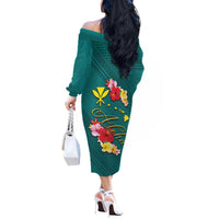Aloha Kanaka Maoli Hawaii Flowers Off The Shoulder Long Sleeve Dress With Polynesian Pattern Teal Color LT03 - Polynesian Pride