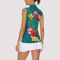 Aloha Kanaka Maoli Hawaii Flowers Women Sleeveless Polo Shirt With Polynesian Pattern Teal Color LT03 - Polynesian Pride