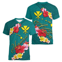 Aloha Kanaka Maoli Hawaii Flowers Women V-Neck T-Shirt With Polynesian Pattern Teal Color LT03 - Polynesian Pride