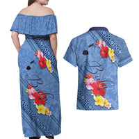 Bula Fiji Hibiscus and Plumeria Flowers Couples Matching Off Shoulder Maxi Dress and Hawaiian Shirt Tapa Tattoo Polynesian Pattern LT03 - Polynesian Pride