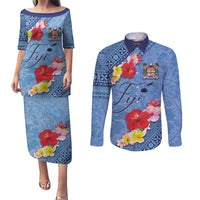 Bula Fiji Hibiscus and Plumeria Flowers Couples Matching Puletasi and Long Sleeve Button Shirt Tapa Tattoo Polynesian Pattern LT03 Blue - Polynesian Pride