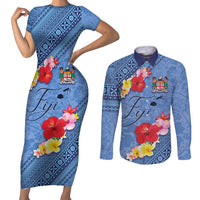 Bula Fiji Hibiscus and Plumeria Flowers Couples Matching Short Sleeve Bodycon Dress and Long Sleeve Button Shirt Tapa Tattoo Polynesian Pattern LT03 Blue - Polynesian Pride