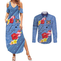 Bula Fiji Hibiscus and Plumeria Flowers Couples Matching Summer Maxi Dress and Long Sleeve Button Shirt Tapa Tattoo Polynesian Pattern LT03 Blue - Polynesian Pride