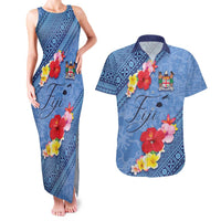 Bula Fiji Hibiscus and Plumeria Flowers Couples Matching Tank Maxi Dress and Hawaiian Shirt Tapa Tattoo Polynesian Pattern LT03 Blue - Polynesian Pride